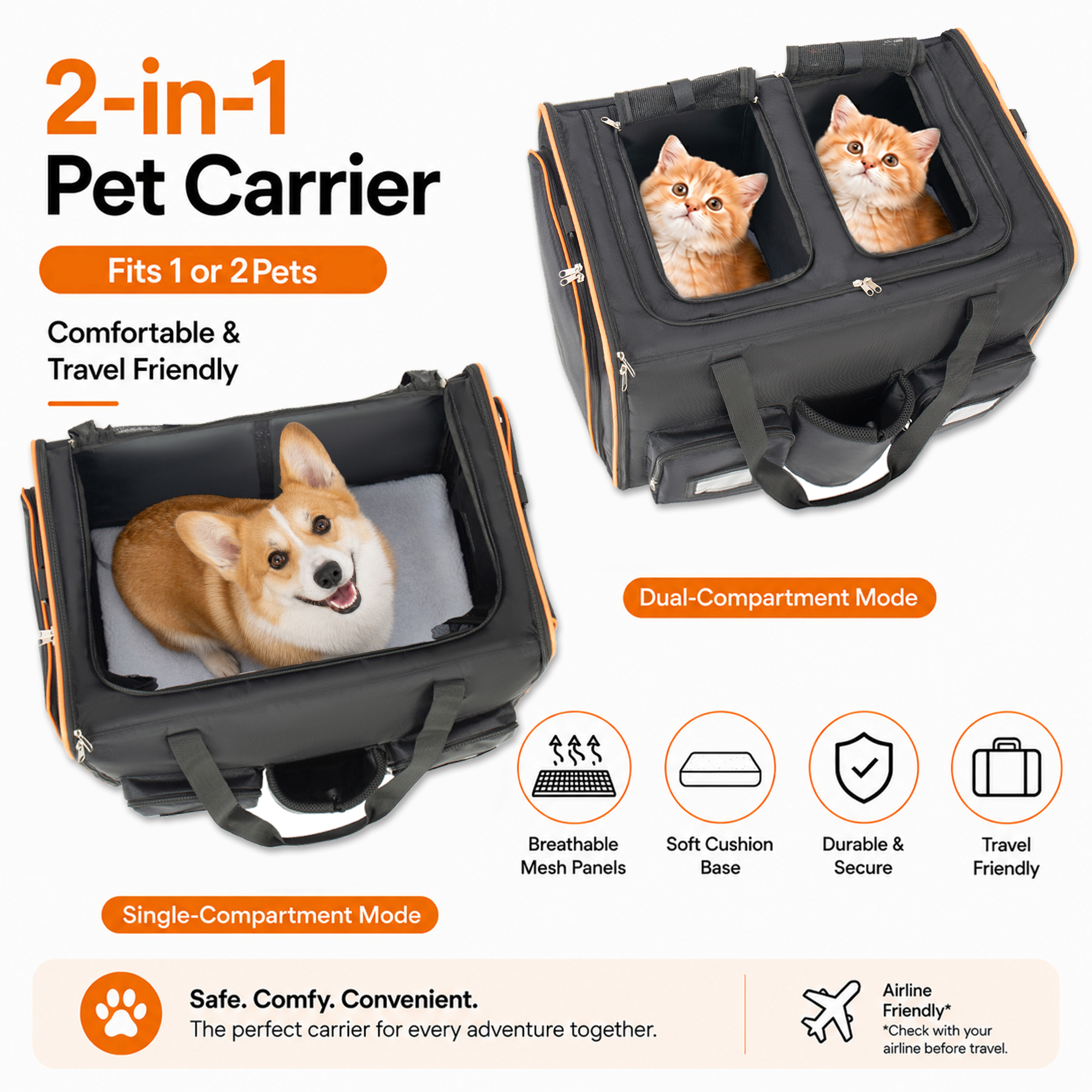 2 (1) 2 in 1 Large Cat Carrier for 2 Cats, Rolling - Image 1